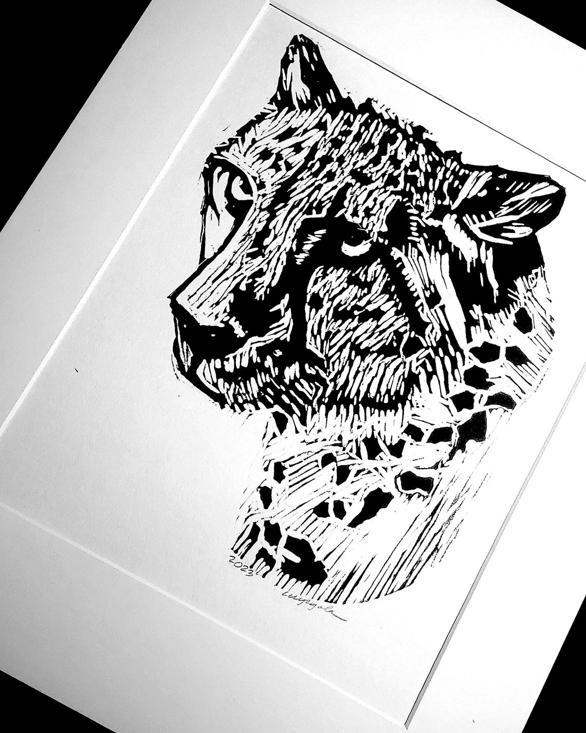 Cheetah Linocut Print, Hand Carved, Hand Pulled Print, Animal Wall Art