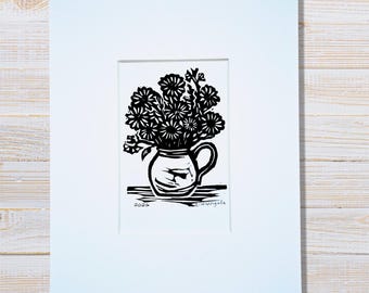 Pitcher with Flowers, Original Linocut Print, Hand Carved and Printed, 8 x 10 with Mat