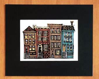 City Row Houses Linocut Print: Hand-Carved, Signed Art