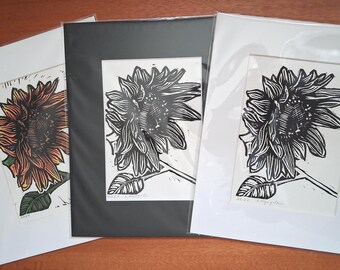 Sunflower Linocut Print: Hand-Carved Nature Art, 8x10 Matted