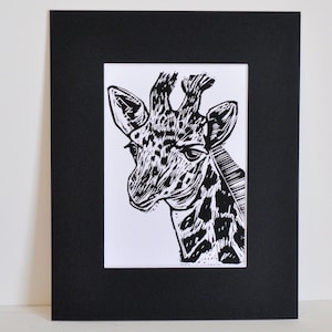 Young Giraffe Linocut Print, 8x10 Matted Hand Carved and Handprinted Linocut, Animal Print, Original Signed Art, Child&#39;s Room, Wild Animal