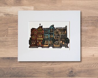 City Block Linocut Print: Hand-Carved Original Art with White Mat