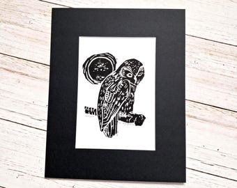 Hand Carved Owl Linocut Print: Minimalist Bird Wall Art