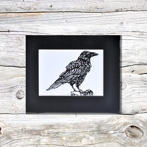 Raven Linocut Print: Hand Carved Bird Art, 8x10 Matted