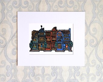 City Block Houses, Original Linocut Art, Hand carved, printed and colored, One of a kind!