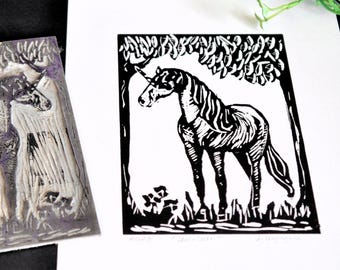 Unicorn Linocut Print: Hand-Carved Whimsical Fantasy Art