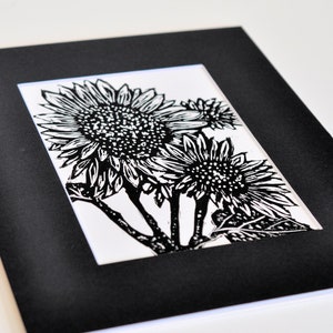 Sunflower Linocut Print, Original Matted Hand Carved and Handprinted Art, Flower Wall Art, Signed Art, Floral, Prints, Free Shipping