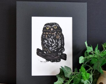 Wise Owl Linocut Print: Hand-Carved Art with Black Mat (8x10)