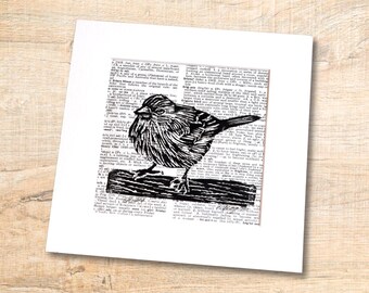 Linocut Bird - Wren - Hand Carved and Printed - with 8 x 8 Mat