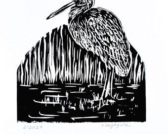 Crane Linocut Print, Original Art, Hand Carved Lino, Wall Art,