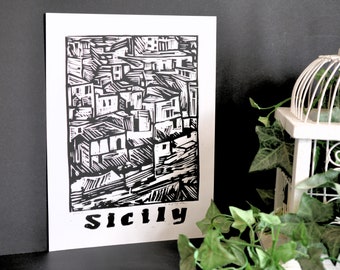 Sicily Linocut Print, Hand Carved Travel Art, Italy Print, Signed Artwork, Original Print, Block Prints, Wall Art, Hand Pulled Print, Lino