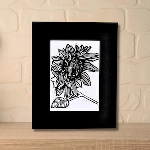 Sunflower Linocut Print, Matted Hand Carved Hand Printed, Original Wall Art Decor, Nature Art, Relief Print, Flower Print, Free Shipping