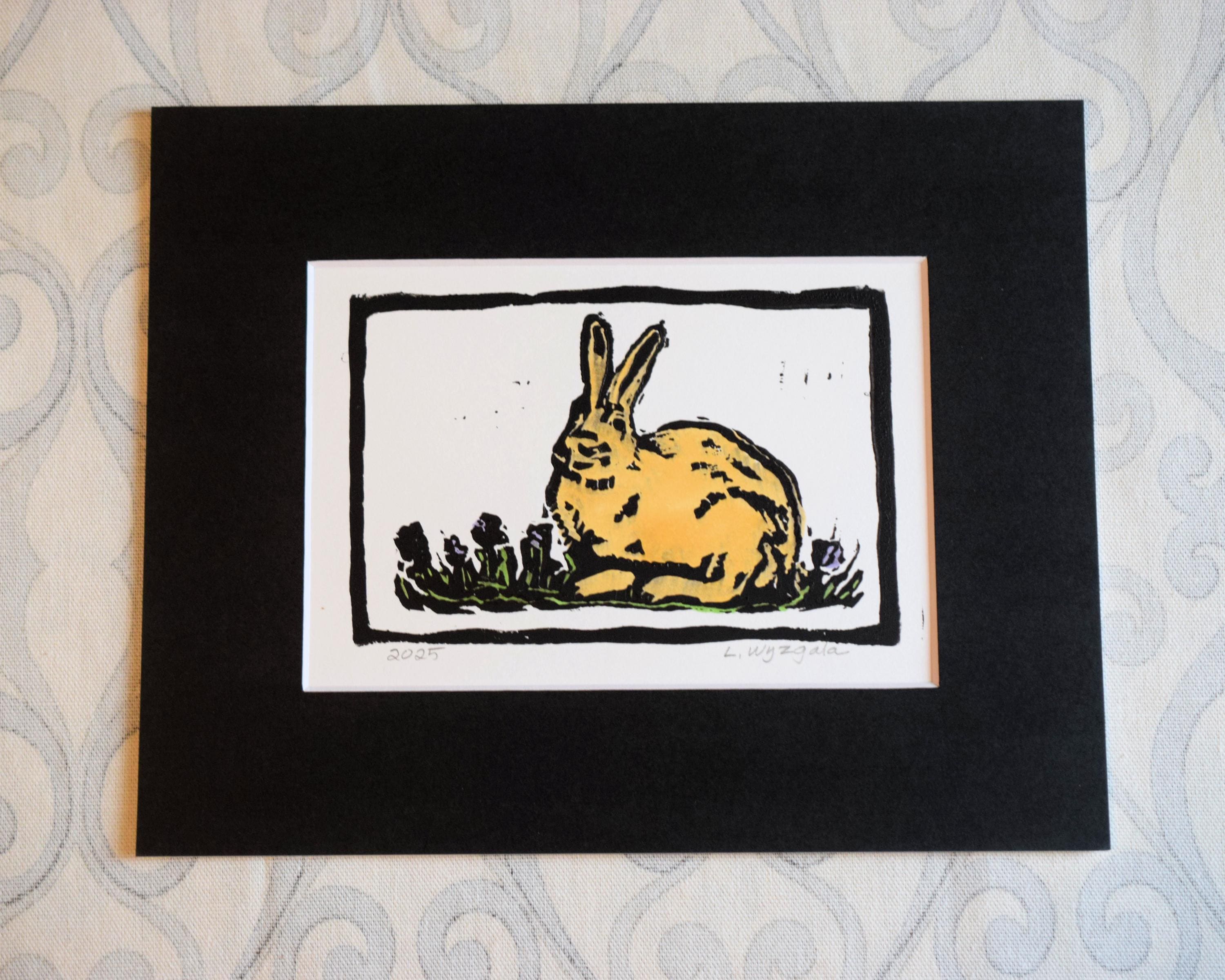 Wild Bunny Linocut Print with Black Mat - Hand Carved, Printed and Colored - Original Art - Wall Art - Nature Art - Animal Art - Nursery