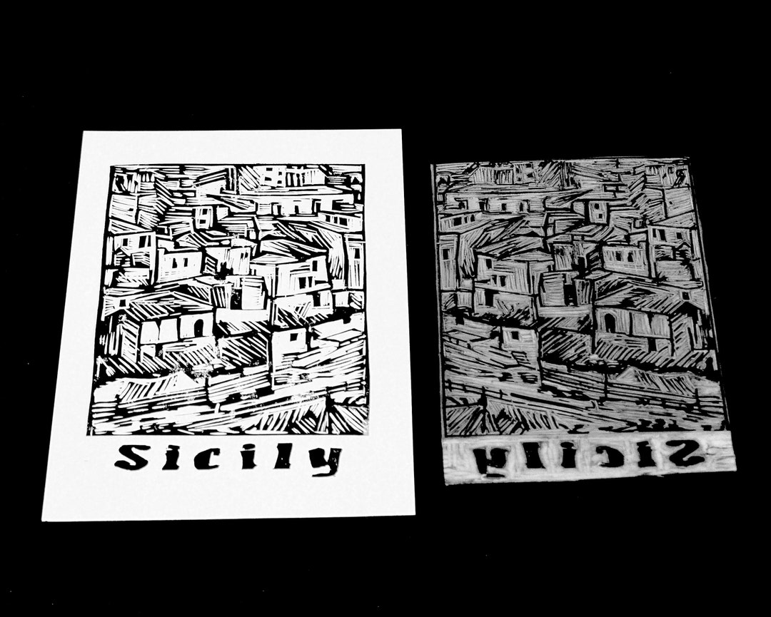 Sicily Linocut Print Hand Carved Travel Art Italy Print Artwork