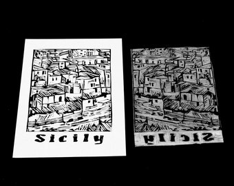 Sicily Linocut Print, Hand Carved Travel Art, Italy Print, Signed Artwork, Original Print, Block Prints, Wall Art, Hand Pulled Print, Lino