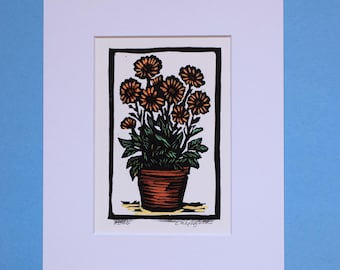 Pot of Daisies, Original Linocut Print, Hand Carved, Printed, and Hand Color