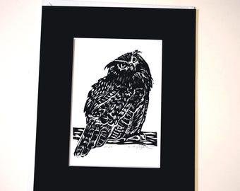 Owl Linocut Print: Hand-Carved Art with Black Mat (8x10)