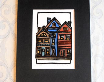 City Square Linocut Print: Signed Original Art with Black Mat