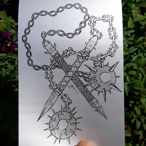 Spiked Flail Print - Medieval Weapon // Mace Print // Weapons // Black and Silver // Old English