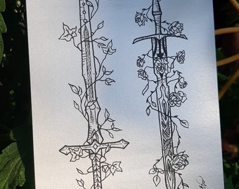 Double Edge Schwert Druck - Mittelalterliche Schwerter // Vines // Waffen // Schwarz und Silber // Altenglisch
