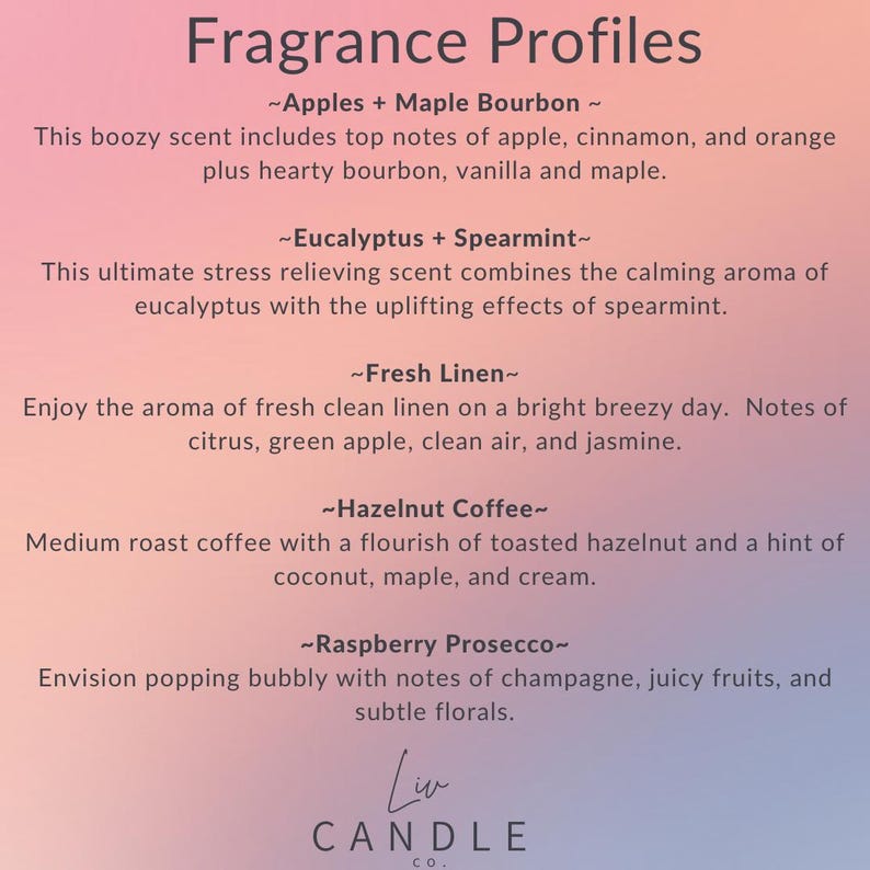 Puede incluir: Un fondo rosa y blanco con texto que describe diferentes aromas de velas. El texto incluye "Apples + Maple Bourbon", "Eucalyptus + Spearmint", "Fresh Linen", "Hazelnut Coffee" y "Raspberry Prosecco".