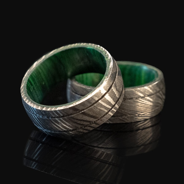 Men's Steel Wedding Ring | Steel and Wood Engagement Ring | Men's Green Steel Ring | Damascus Steel Wedding Ring Band | Wood Lined Ring