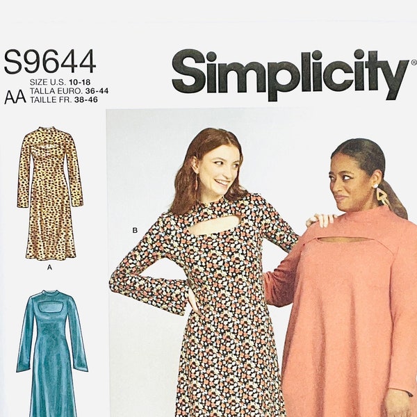 Simplicity 9644 Flared Knit Dress Sewing Pattern for Women, Mock Neck Dress, Dress with Cutouts, Long or Short Dress, Attached Bra Size 8-18