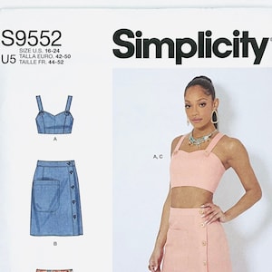 May include: Simplicity sewing pattern number S9552 for sizes US 16-24, French 44-52. The pattern includes instructions for making a crop top and a skirt with a button-up front. The skirt is shown in three different styles: denim, floral print, and solid pink.