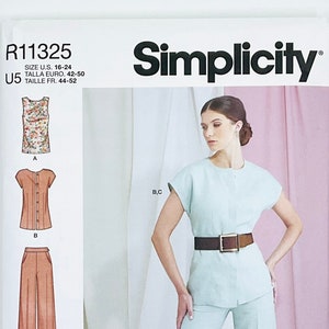 May include: A sewing pattern for a women's top and pants. The pattern includes a short-sleeved top with a button-up front and a pair of wide-leg pants. The pattern is labeled "Simplicity" and "R11325".
