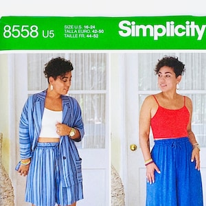 Simplicity 8558 Sewing Pattern -  Misses' Pull-on wide-leg pants and shorts, unlined jacket, knit crop top. by Mimi G, Size (6-14 or 16-24)