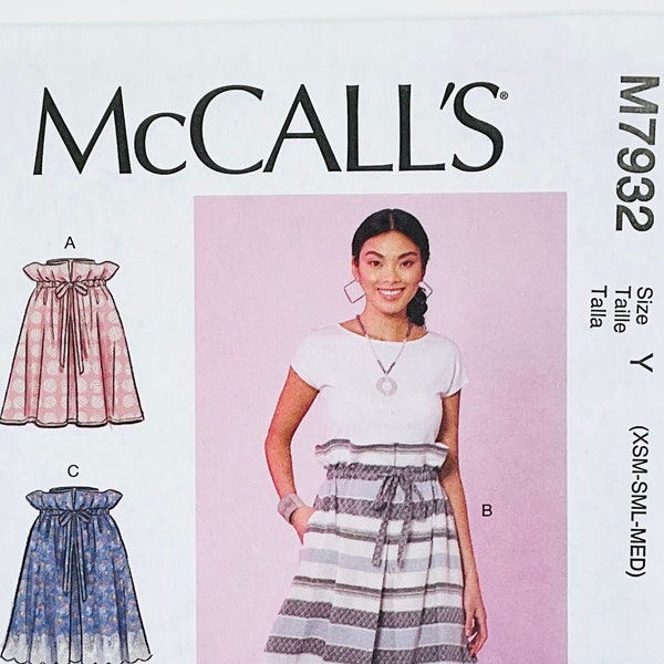 McCall's 7932 Easy Loose Fitting Paper Bag Pull-on Skirt Sewing Pattern for Women with Contrast Hem, Casual, Weekend or Work Skirt, (Xs-S-M)