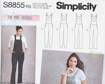 May include: Simplicity sewing pattern number S8855 R5 for a knit overall. The pattern includes instructions for sizes US 14-22, Talla Euro 40-48, and Taille Fr 42-50. The pattern shows a model wearing a grey knit overall.