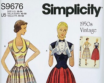 Simplicity 9676 Patrón de costura de vestido vintage de los años 50 para mujer, vestido retro de dos piezas con cuello, falda plisada, talla (6-14 o 16-24)