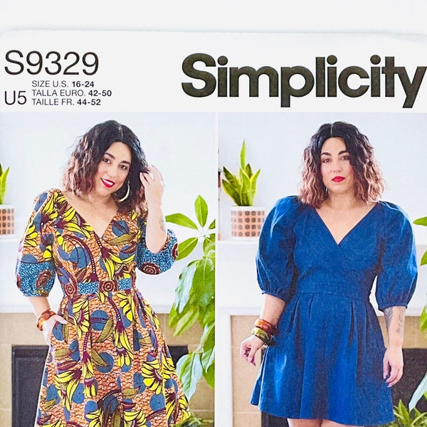 Simplicity 9329 Dress Sewing Pattern, With Princess Seams, Faux Wrap, Puffed Sleeve, Open Back, V-Neck by Mimi G Style, Size 6-14 or 16-24