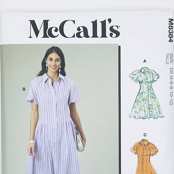 McCall's 8384 Lined Button Front Shirt Dress, Summer Dress Sewing Pattern for Women with Collar and Puff Sleeves, Work, Size (4-12 or 14-22)
