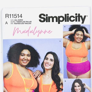 May include: Simplicity sewing pattern R11514 for a Madalynne swimsuit with a cutout design. The pattern includes instructions for making a swimsuit with a bright orange and pink color scheme.