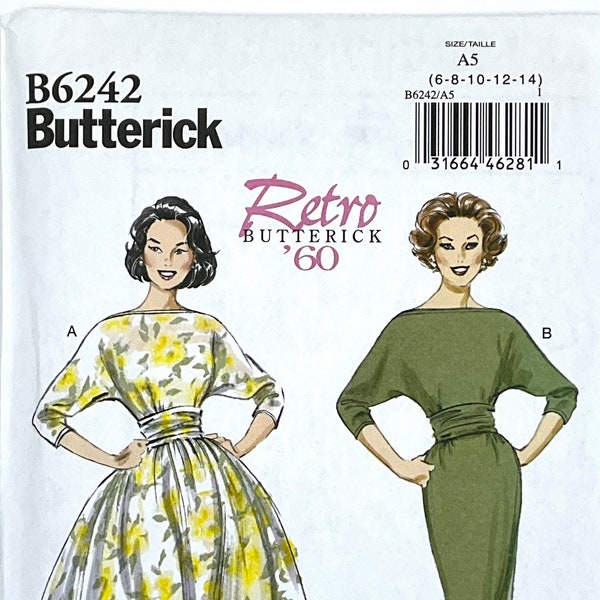 Butterick 6242 Retro 60's Dress Sewing Pattern for Women, Dress with Dolman Sleeves and Ruched-Waist, Size (6-8-10-12-14 or 14-16-18-20-22)