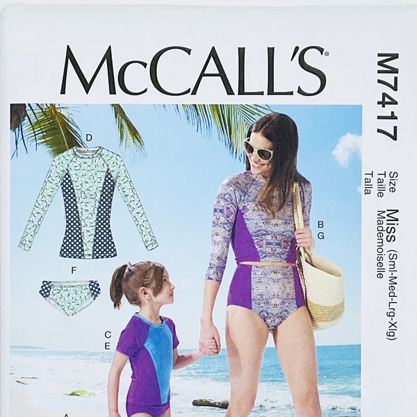 McCall's 7417 Two Piece Swim Suit Sewing Pattern for Women and Children, Contrast Bathing Suite, Rash Guard, Long Sleeves, size (Sml - Xlg)