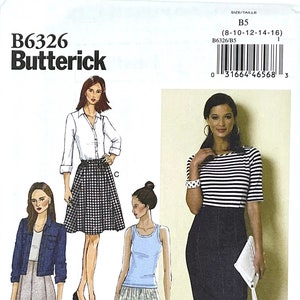 May include: A sewing pattern for a skirt, featuring four different styles. The pattern is from Butterick and is size B5 (8-10-12-14-16).