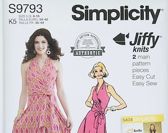 Simplicity 9793 patrón de costura de vestido frontal de lazo fácil de tejer para mujer, patrón de costura Jiffy, vestido de reimpresión Vintage de los años 70, tamaño 8-16 o 18-26