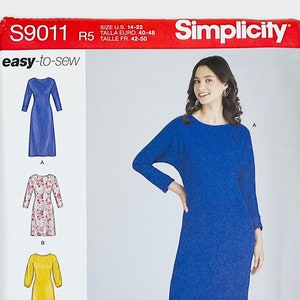 May include: A sewing pattern for a dress with four different variations. The pattern is for sizes UK 12-20, Euro 40-48, and French 42-50. The pattern is called "S9011" and is from Simplicity. The pattern is labeled "easy-to-sew".