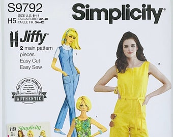 Simplicity 9792 patrón de costura de mono fácil para mujer, patrón de costura de reimpresión Jiffy Vintage de los años 60, costura Retro, mameluco 6-14 o 16-24