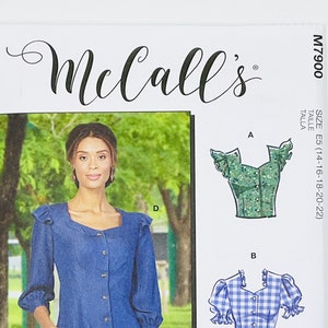 McCall&#39;s 7900 Easy Button Front Blouse Sewing Pattern for Women, Loose Top, Blouse, Puff, Flutter Sleeves, (6-8-10-12-14 or 14-16-18-20-22)