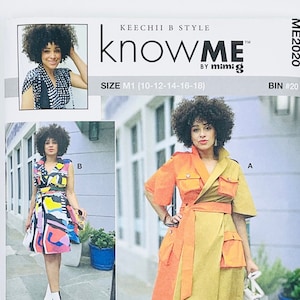 Peut inclure: Patron de couture pour une robe portefeuille à manches longues et ceinture. Le patron est pour les tailles 10-12-14-16-18. Le patron s'appelle "Know Me" par Mimig. Le patron est pour une robe à imprimé géométrique coloré et une robe unie orange et marron.
