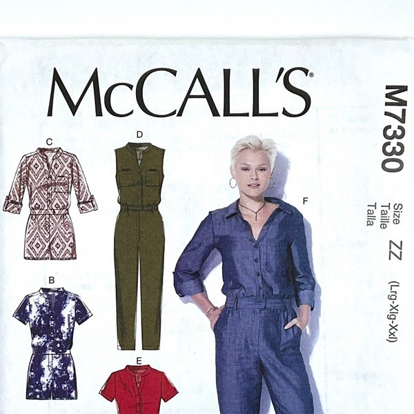 McCall's 7330 Women's Jumpsuit Sewing Pattern, Button Front, Utility, One Piece Sewing Pattern for Women, Romper, Size (Xs-S-M or L-Xl-Xxl)