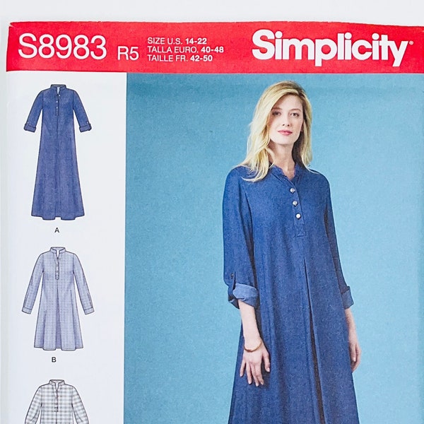Simplicity 8983 Casual Button Front Loose Fitting Dress Sewing Pattern for Women, Shirt Dress or Top Sewing Pattern, Size (6-14 or 14-22)