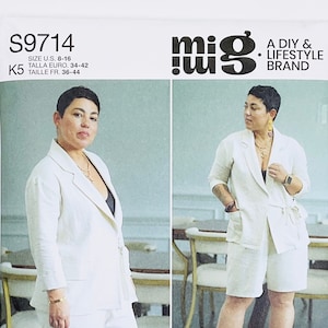 May include: A Simplicity sewing pattern featuring a woman in a white linen blazer, pants, and shorts. The pattern includes sizes U.S. 8-16 and is designed and printed in the USA. The pattern is for a DIY and lifestyle brand.