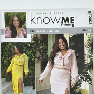 May include: A sewing pattern for a two-piece outfit, featuring a cropped cardigan with a ruffle trim and a skirt with a side slit. The pattern is called "Know Me" by Mimig and is available in sizes S-M-L-XL-XXL. The pattern is printed on white paper with a gray border.