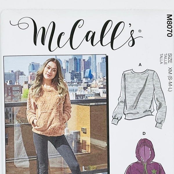 McCall's 8070 Easy Unisex Sweater, Pullover Top, Shirt, Blouse Sewing Pattern for Women or Men, Knit Pattern, Hood Size S-M-L or Xl-XXl-XXXl