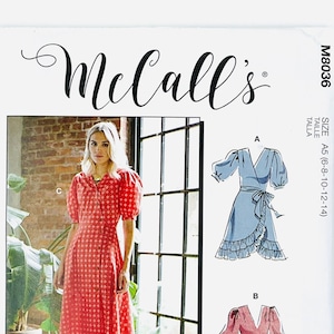 McCall&#39;s 8036 Easy Button Front Dress Schnittmuster für Frauen, Wickelfront Kleid mit Rüschen, Stufen, Größe (6-8-10-12-14 oder 14-16-18-20-22)